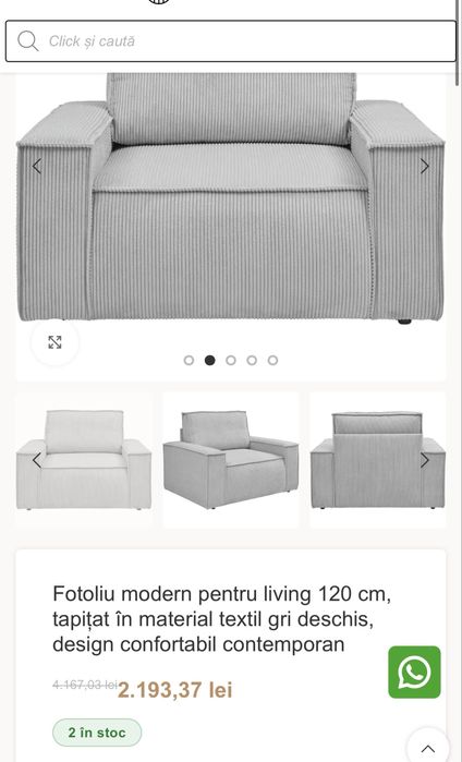 Fotoliu modern pentru living 120 cm, tapițat în material textil, design contemporan