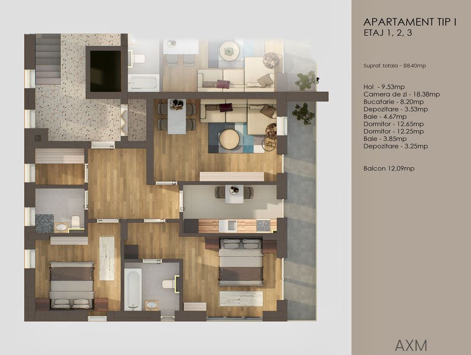 Apartament 3 camere 76 mp + balcon 12 mp Tractorul / Coresi