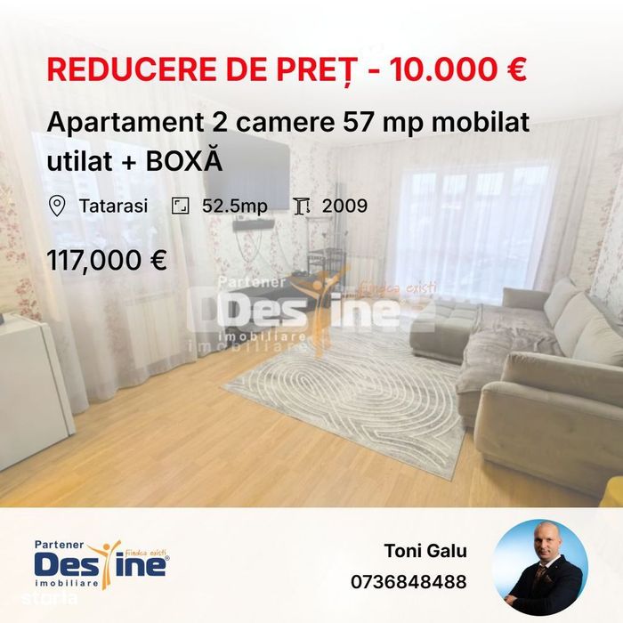 Apartament 2 camere 57 mp mobilat utilat boxă și lift