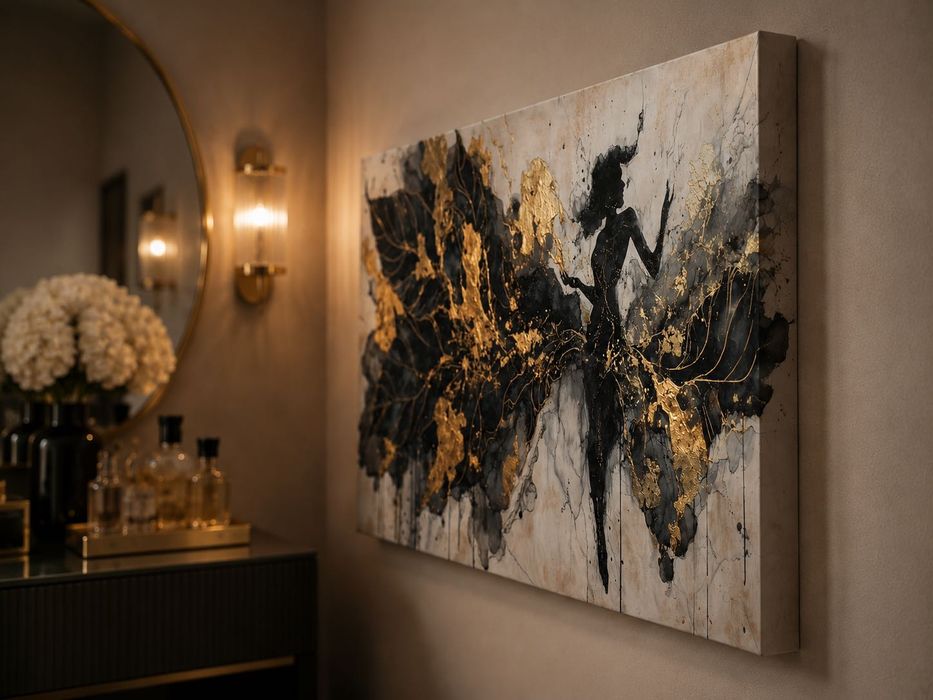 Tablou canvas Dansul, siluetă dansatoare negru și auriu, 80×45 - 140×78 cm