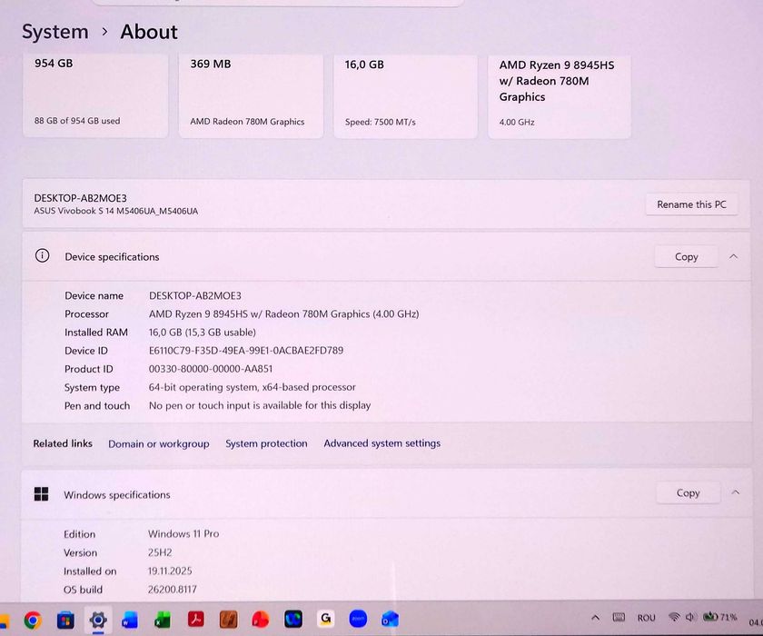Laptop Asus VivoBook S14 OLED M5406UA AMD Ryzen 9, 5,2GHz, OLED, 120Hz 16GB RAM, 1TB ca NOU