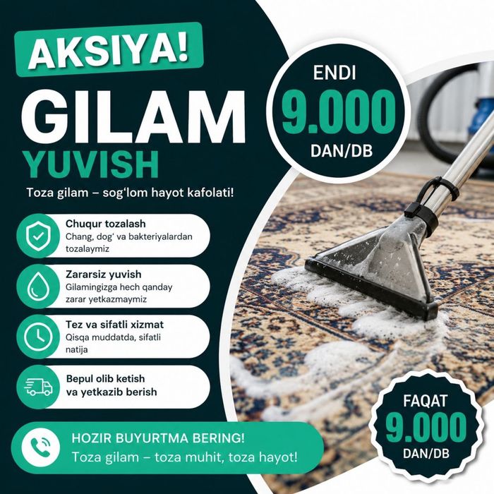 Aksiya 9.000 Gilam yuvish стирка ковров korpacha adyal mebel yuvish