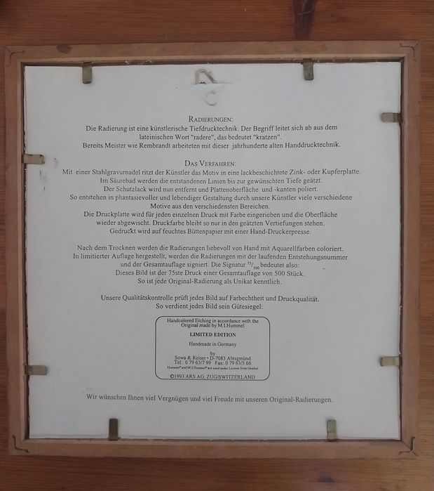 EXTREM DE RARĂ - Gravură pictată manual după M.I. HUMMEL