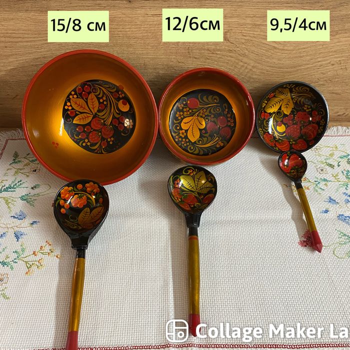 Ръчно русувани руски дървени купички с лъжички