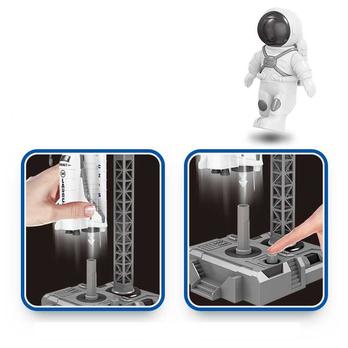 Космическа станция с кран, ракети и астронавти