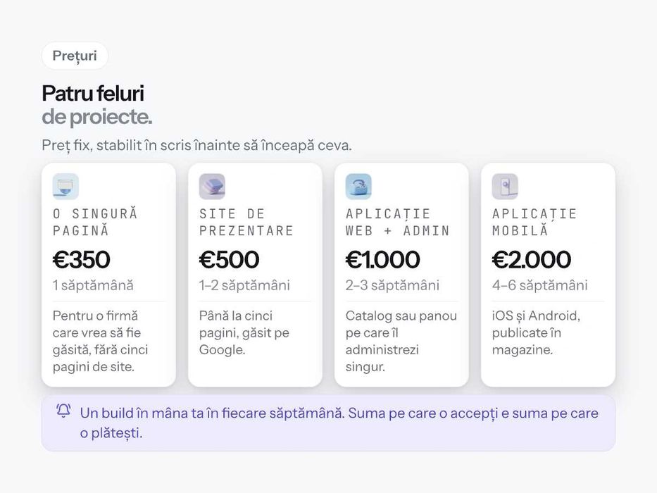 Creare site de prezentare și aplicații mobile, preț fix în scris