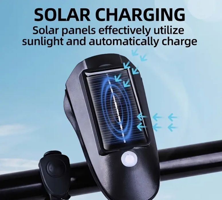 Комплект соларен LED фар с клаксон за велосипед колело  мощна светлина