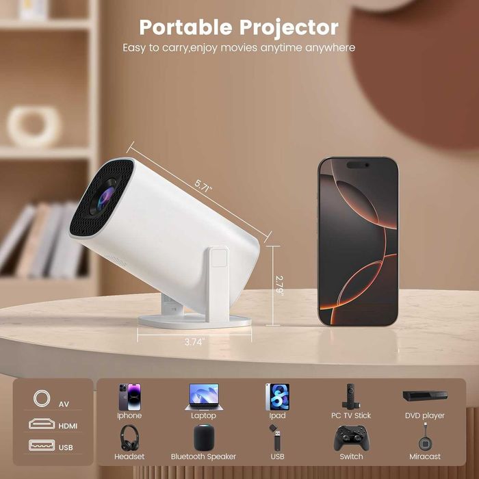 Преносим мини проектор, WIFI 6 и Bluetooth, 4K 1080P, автофокус