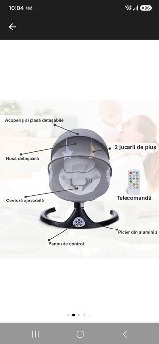 Leagan Electric Bebe si Copii cu Acoperis Rabatabil si Plasa Protectie, Balansoar Bebelusi, Muzical