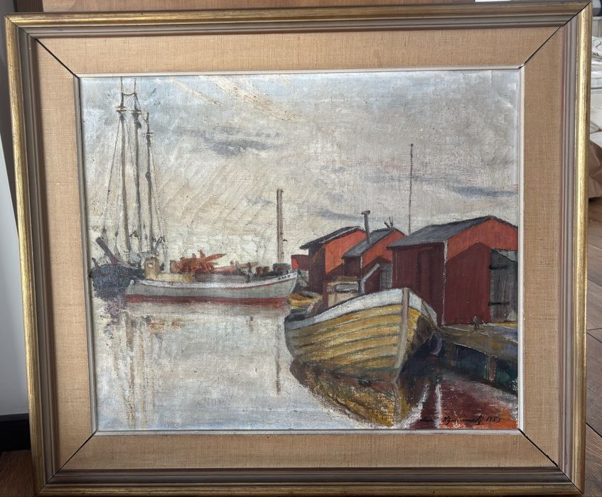 Орегинална живопис-неизвестен шведски художник. Морски пейзаж с лодки