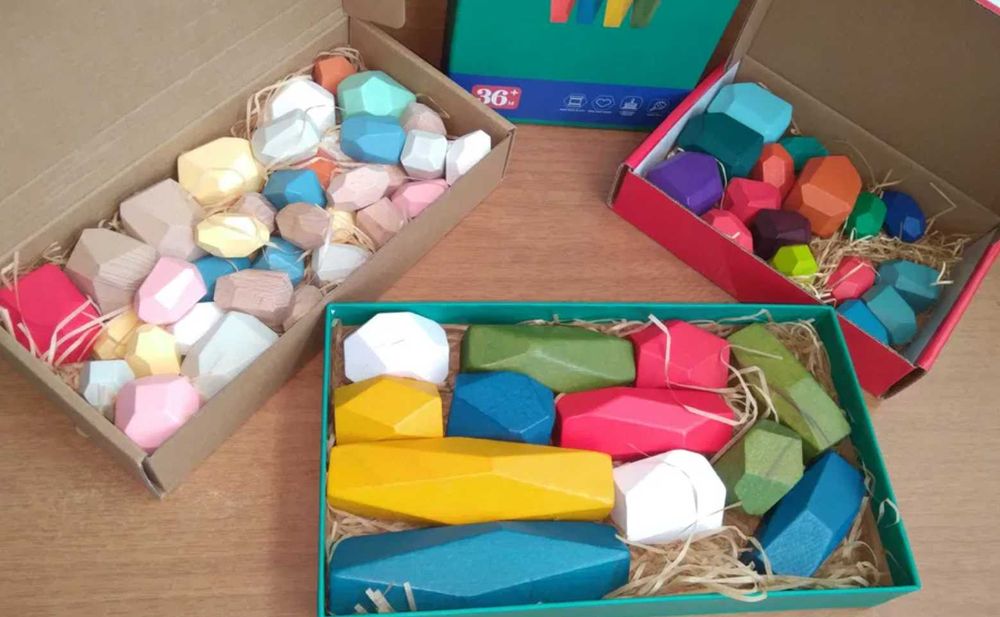 12 бр. големи дървени камъни Монтесори за игра, декорация и баланс