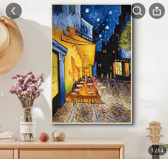 Картина на Ван Гог на кафе на открито през нощта с хора,