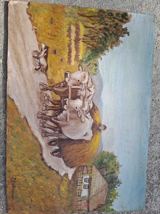 tablou vechi romanesc pictura pe carton 70/49 cm semnat