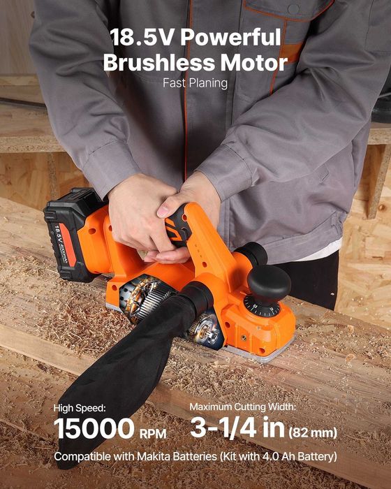Rindea electrica de mana fara fir, latime 82 mm, 15000 rpm, motor brushless, acumulator 18V 4 Ah, adancime reglabila, sac praf