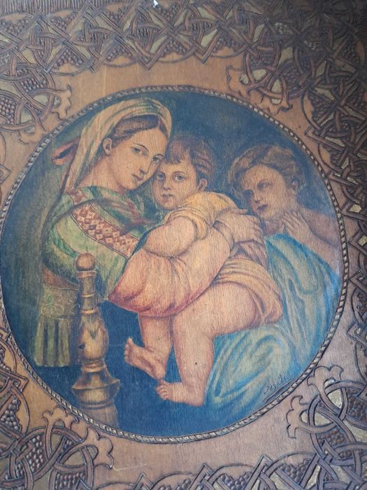 icoana veche pictura reproducere Rafael 17/20 cm semnata