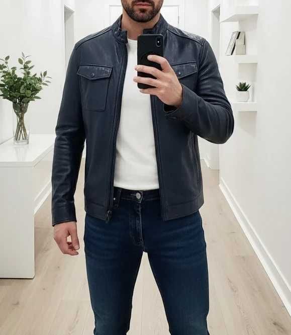 Massimo Dutti geaca piele barbati / jacheta de piele bleumarin