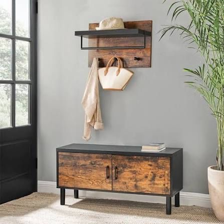 Cuier NOU de perete cu raft și 3 cârlige, rustic maro/negru, 60x40 cm