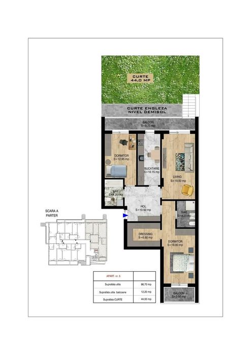 Metrou Teclu 3 camere 99 mp, curte proprie 44 mp Bloc Nou