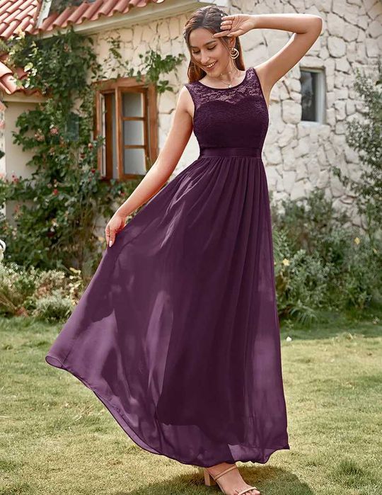 Rochie elegantă de seară Berylove, dantelă și șifon, mov