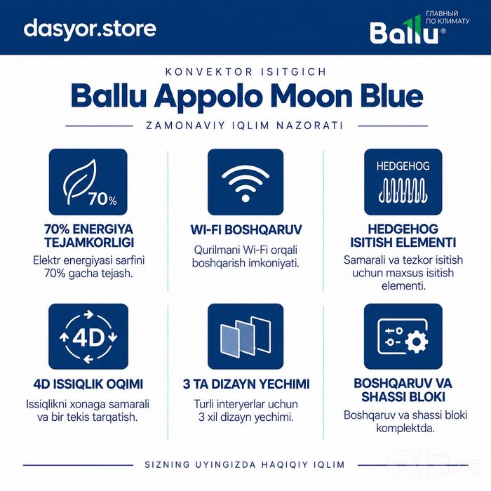 Ballu Apollo | Wi-Fi boshqaruv | 30kvadrat uchun | Original | Dostavka