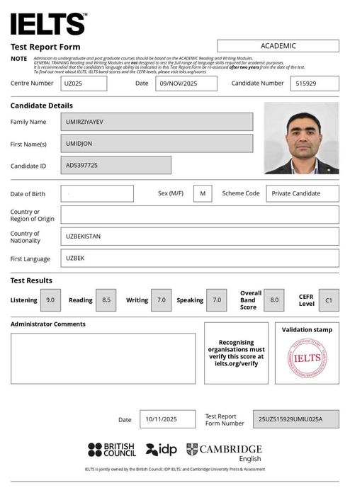Ielts teacher (8,5)  online/ offline dars o'taman
