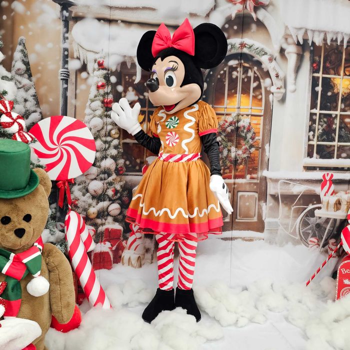 Costum Mascotă Minnie Mouse Disney de Crăciun cu Cap 3D Profesional – Rochie Turtă Dulce, Handmade, Petreceri și Evenimente