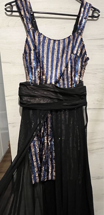 Rochie lunga de ocazie paiete albastru auriu voal matase marimea S