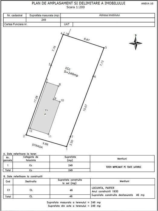 Teren 250 mp, deschidere 10m, Antiaeriana, casa demolabila