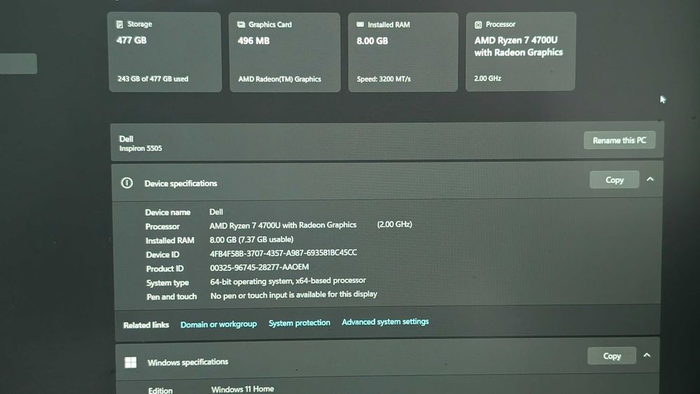 Dell Inspiron 5505 8GB RAM 512GB Ryzen 7