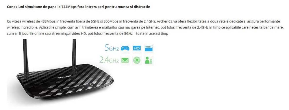 Router Gigabit Wireless WiFi TP-Link Archer C2 AC750 dual band 5GHz 802.11ac cu USB FTP