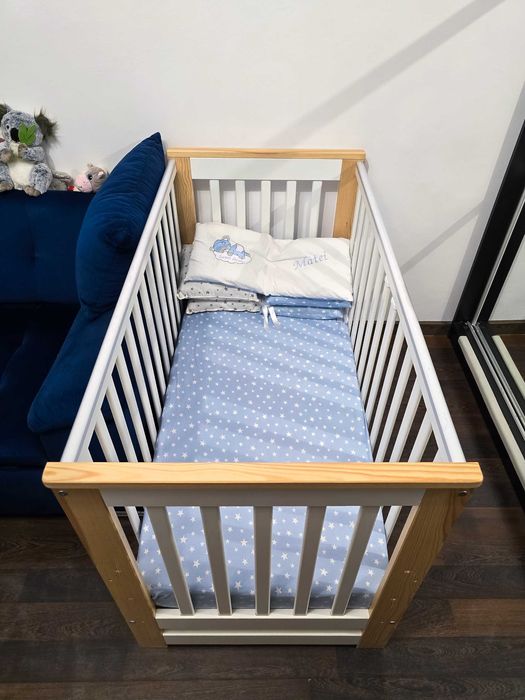 Patut Lemn Cu Sertar Klups Iwo Alb Natur cu saltea - impecabil