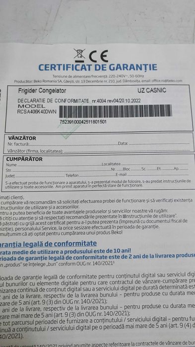 Vand frigider beko in garantie