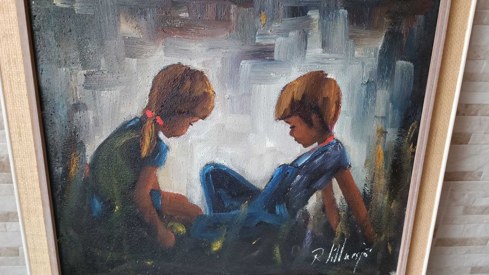 Стара картина "Деца" - маслени бои на платно - 73/63см