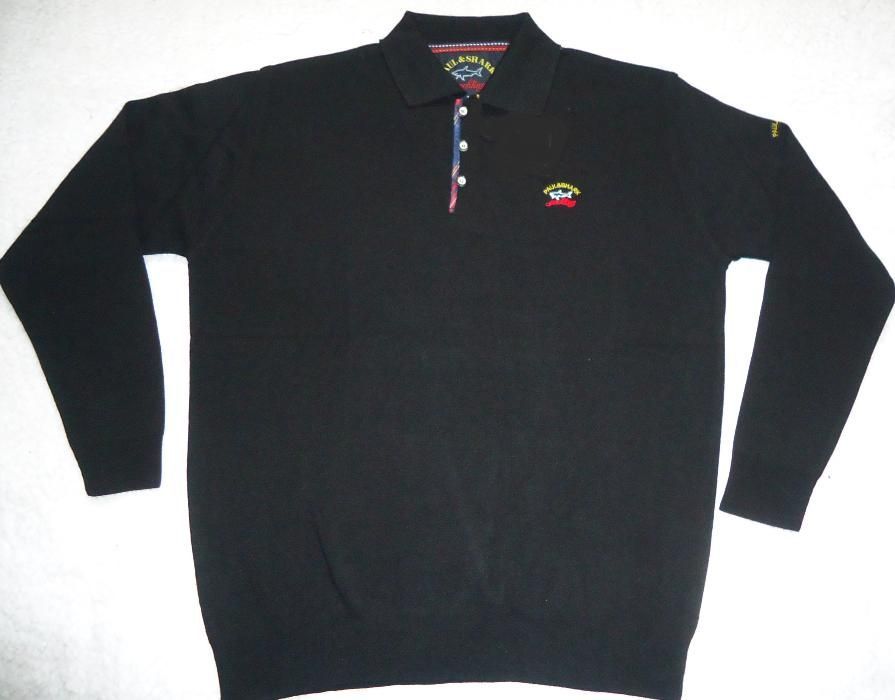 Pulover negru barbati 3 nasturi guler polo lana pura virgina P & Shark