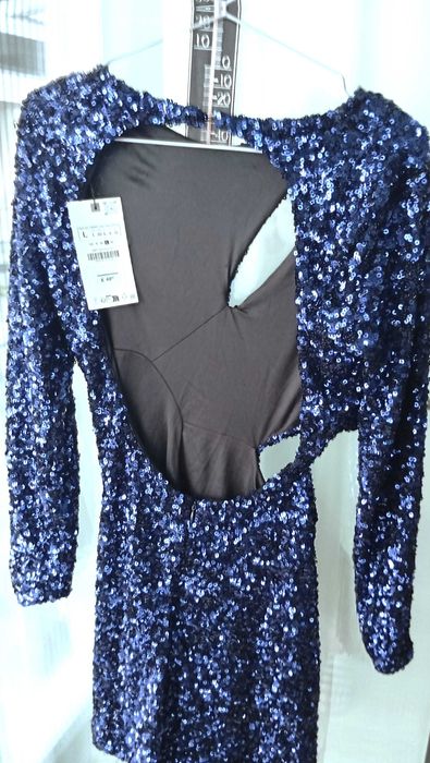Zara Rochie de festivitate albastra (de seara), cu paiete, maneca lunga & captuseala, spatele gol