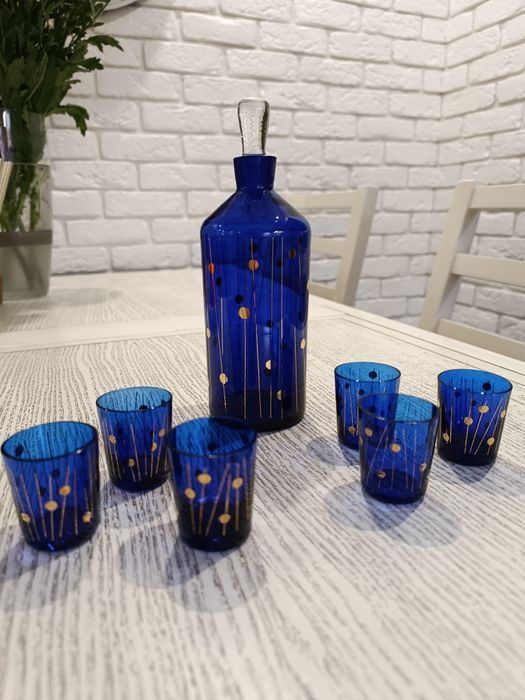 Штоф графин и 6 рюмок кобальт