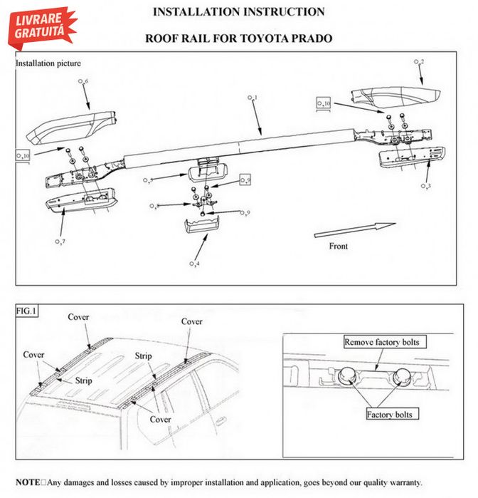 Bare Verticale Toyota Land Cruiser Prado J150 (2009+) Negru Mat