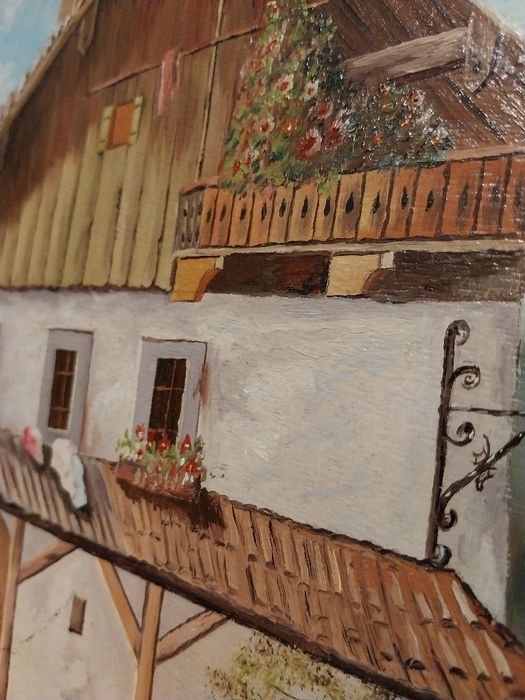 Ulei pe hardboard (1986) - Peisaj rural alpin Elveți/Austria– Semnat Hauser R.