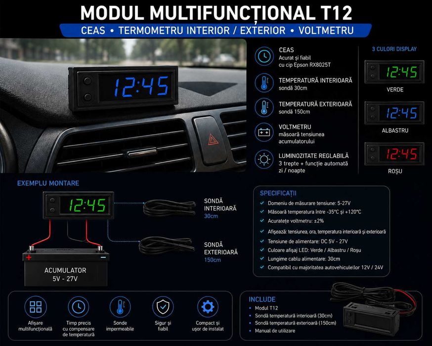 Modul Electronic Digital 4 în 1 – Voltmetru + Termometru + Ceas – Afișează Tensiunea Acumulatorului, Temperatura Interioară și Exterioară, Ora – T12