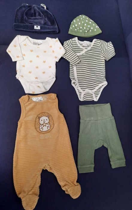 Body 2buc+caciulita 2 buc+salopeta+pantalon bebelus, mărimea 0-1 luna