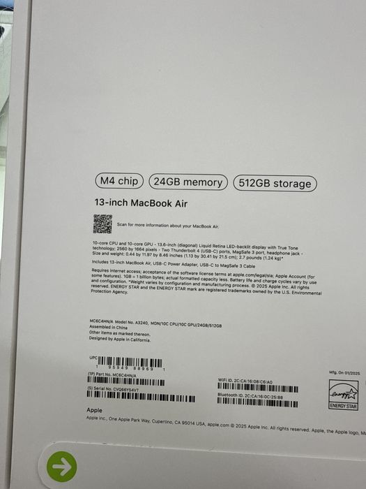 Macbook Air 13 m4 24/512