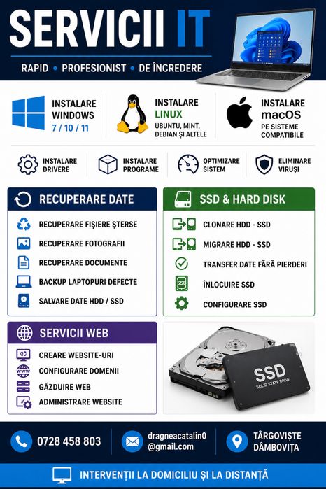 Instalare Windows, Linux și macOS | Recuperare Date Șterse | Clonare HDD-SSD | Backup Laptopuri Defecte | Servicii IT