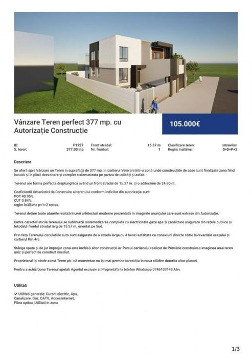 Vanzare Teren perfect 377 mp. cu Autorizatie Constructie