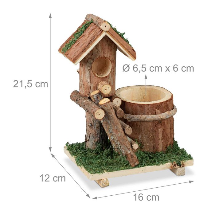 Ghiveci de flori lemn cu casuta decorativa pentru pasari decor rustic