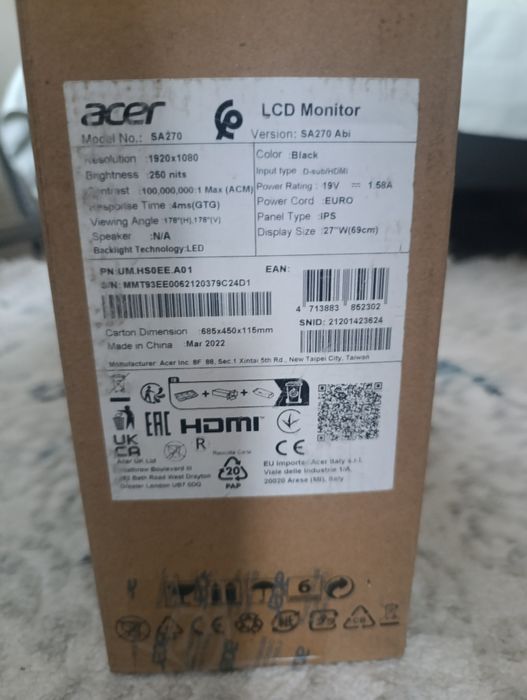 Монитор 27" Acer SA270 Abi (Full HD, IPS)