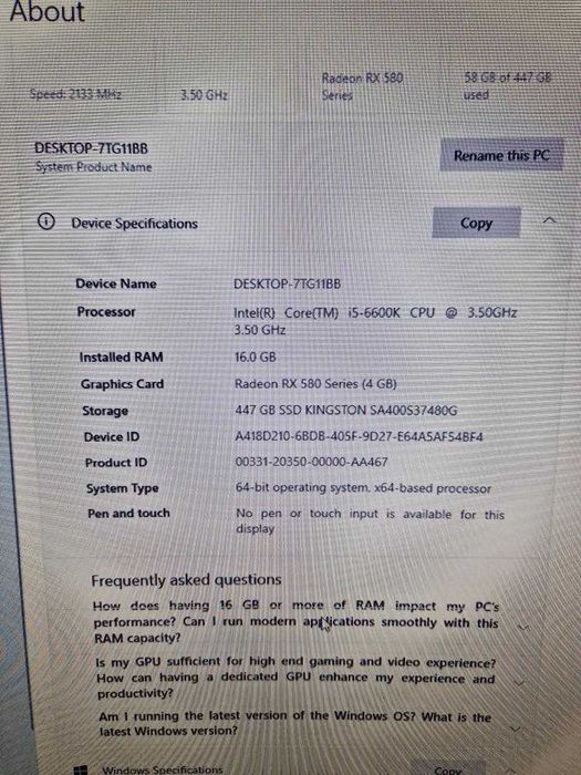 PC Intel I5-6600k 3.5GHz RX580 4GB 16GB RAM 500GB SSD Windows 10 Ready