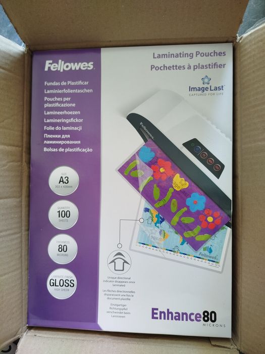 Set 100 folii laminare Fellowes, format A3, 80 microni, finisaj lucios, pachet 100 bucati