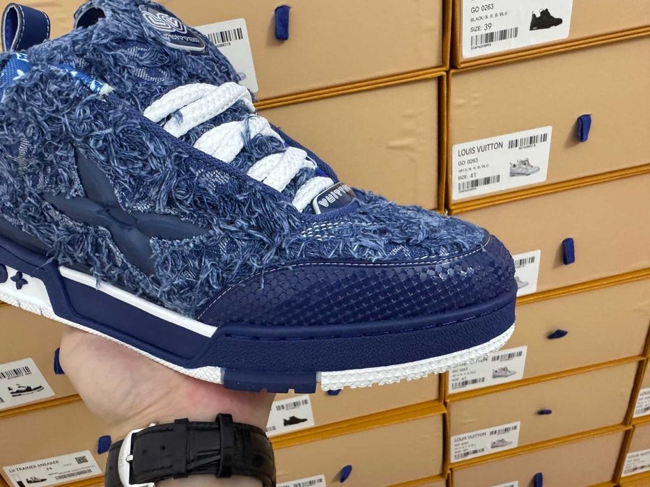 Louis Vuitton LV Trainer Maxi Sneaker Dark Blue Distressed Denim.
