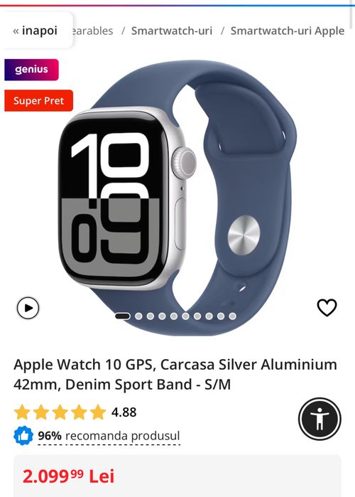 Apple Watch 10 GPS, Carcasa Silver Aluminium 42mm