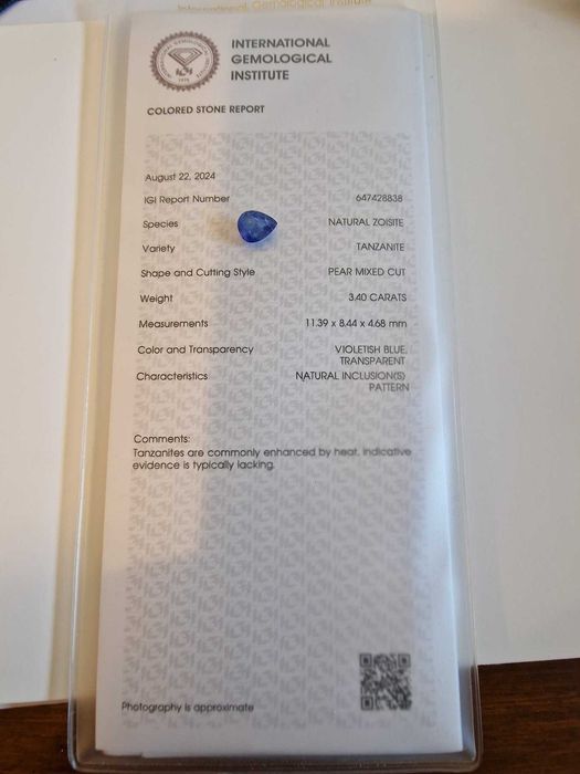 Сертифициран естествен Танзанит-3.40 карата
